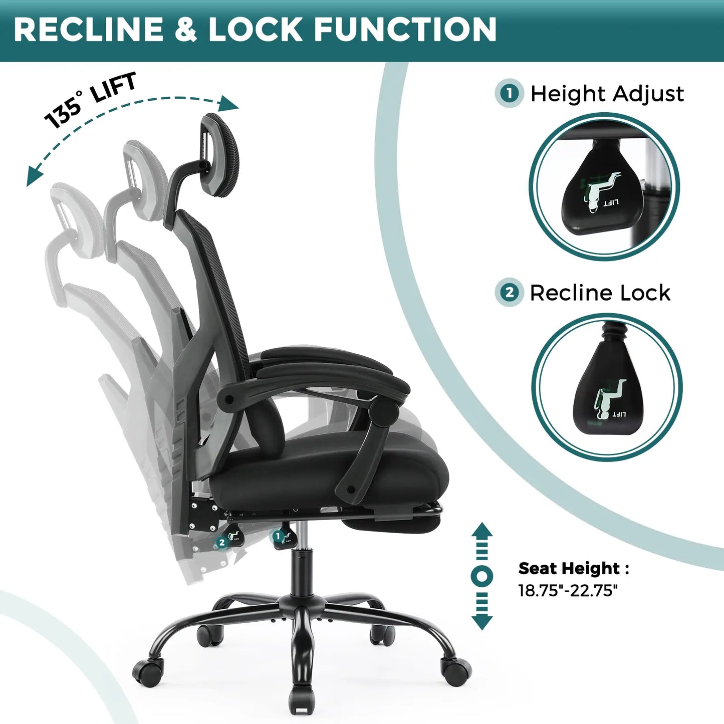 Ergonomic Mesh Office Chair with Retractable Footrest