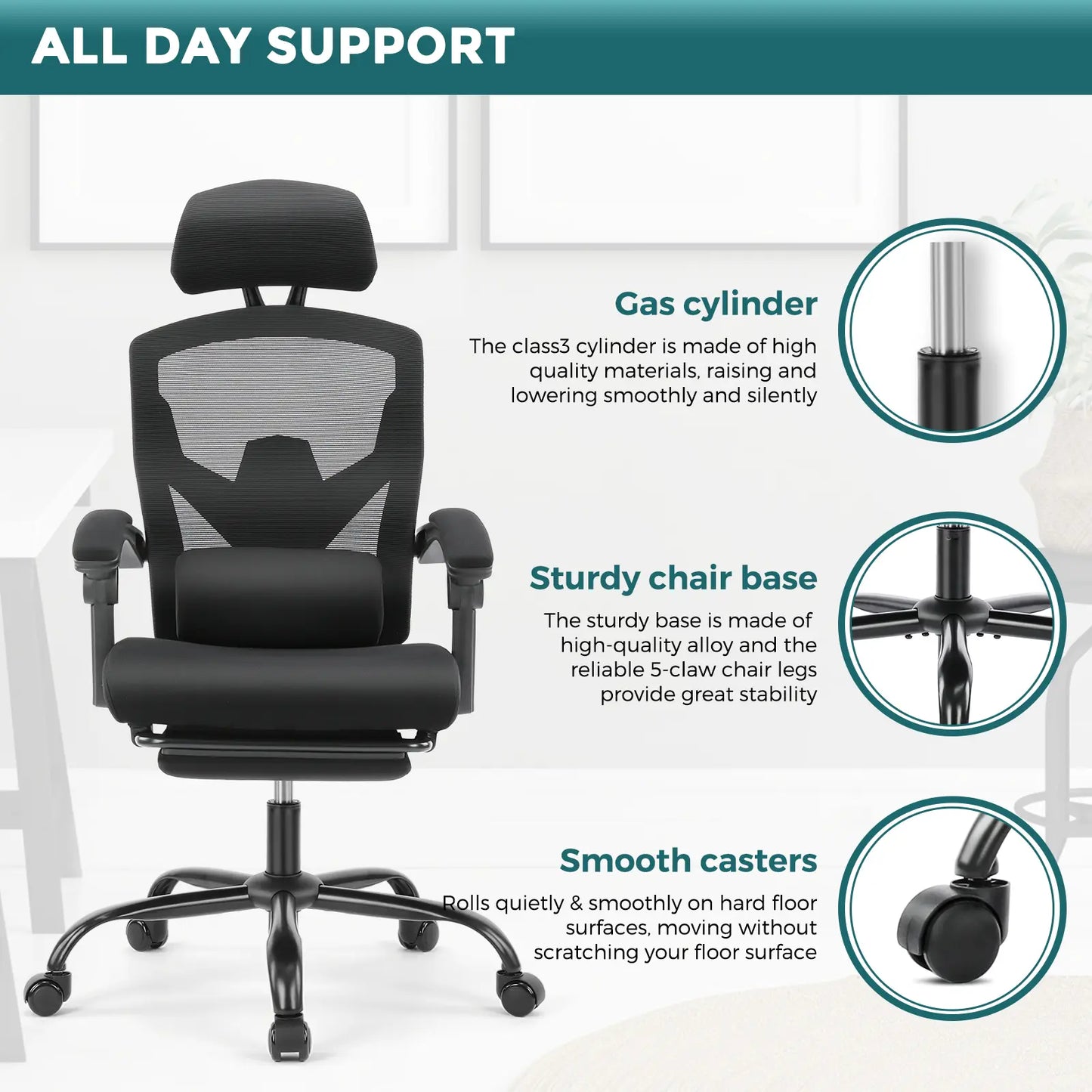 Ergonomic Mesh Office Chair with Retractable Footrest