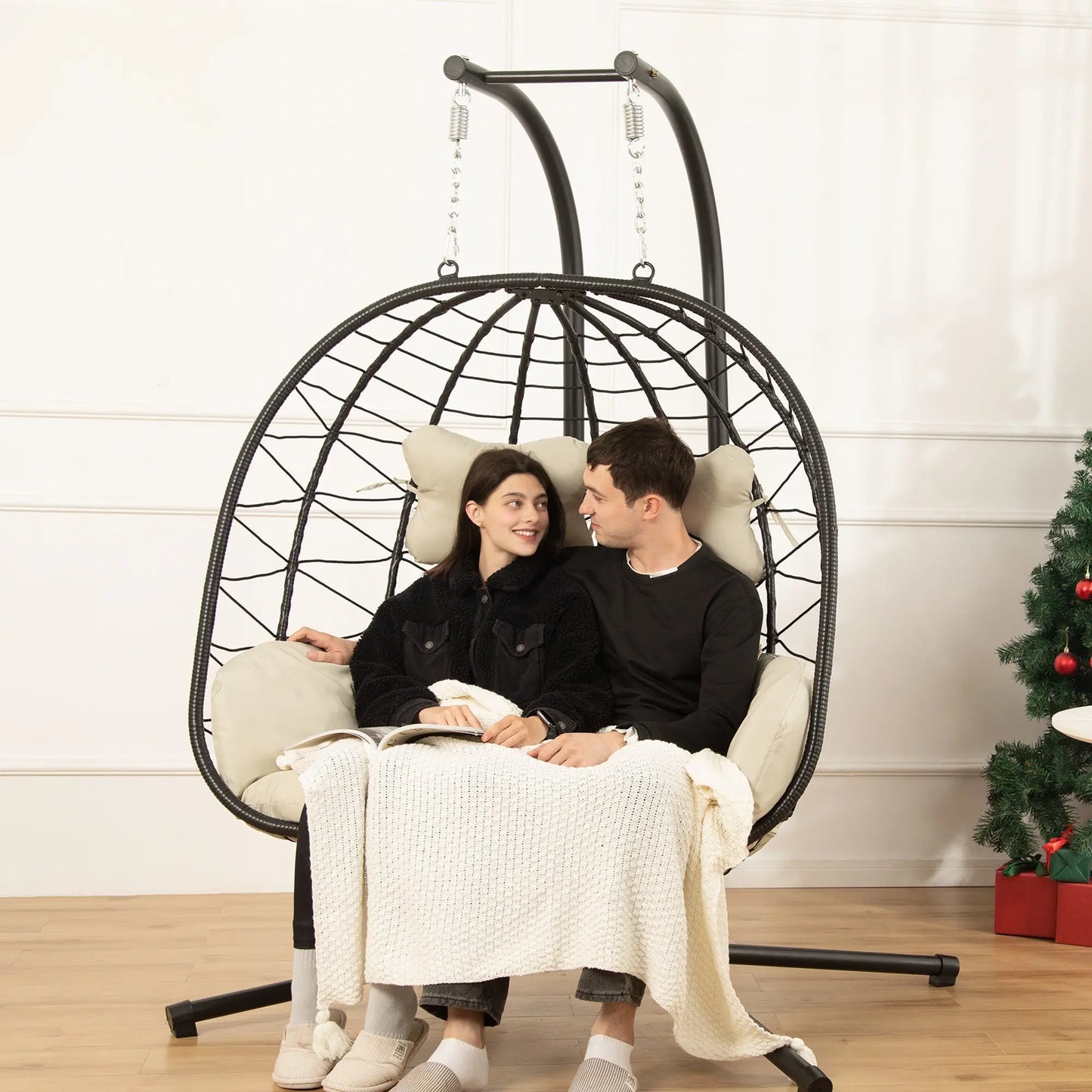 Double Hanging Egg Chair with Premium Cushions