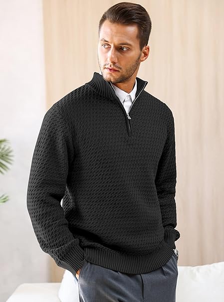 Mens Quarter Zip Sweater Mock Neck Knitted