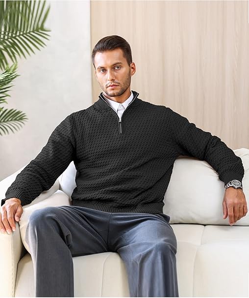Mens Quarter Zip Sweater Mock Neck Knitted